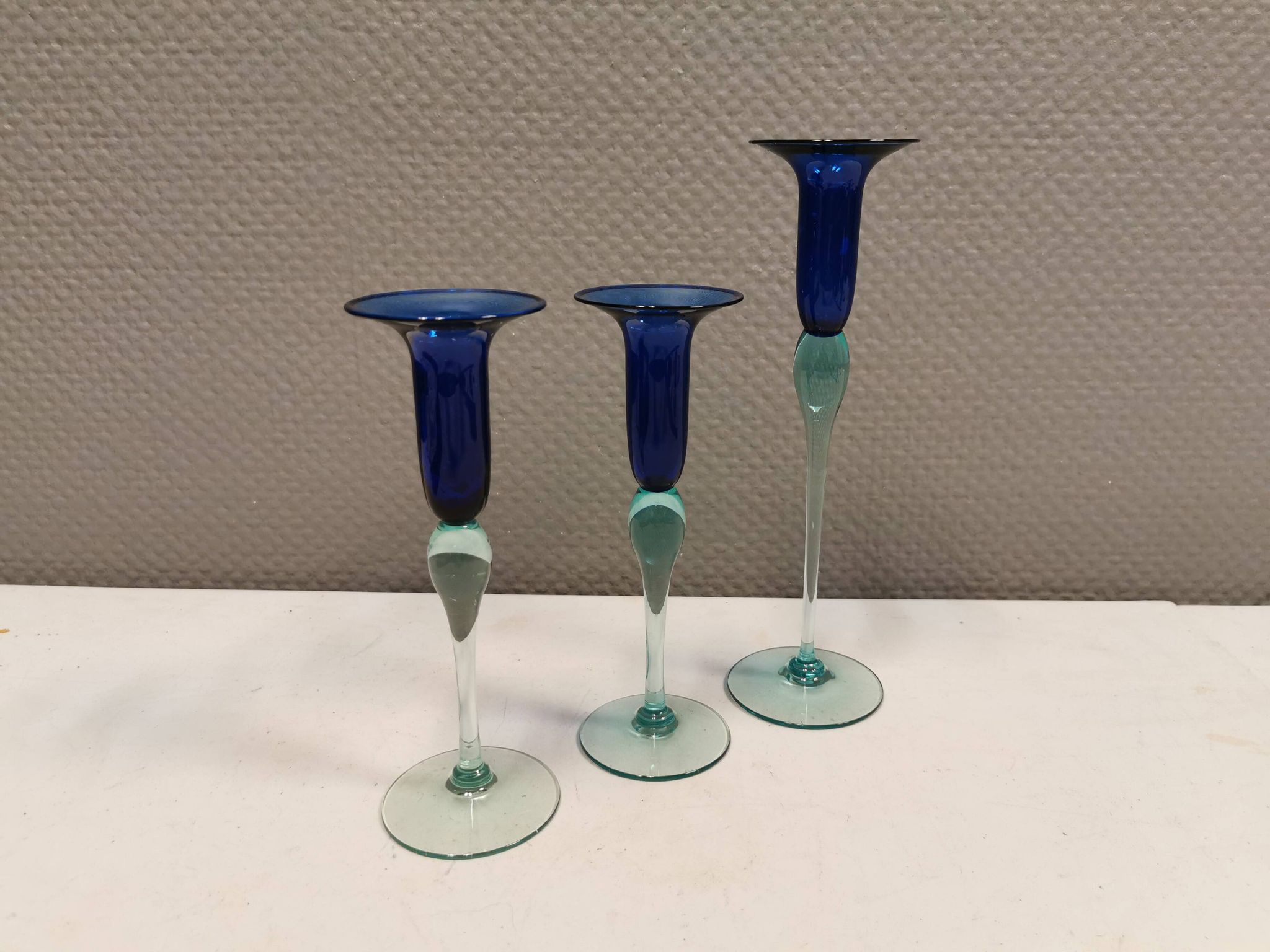 Royal Copenhagen set of 3 candle holders, model Harlequin in blue/turquoise glass.