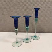 Royal Copenhagen set of 3 candle holders, model Harlequin in blue/turquoise glass.