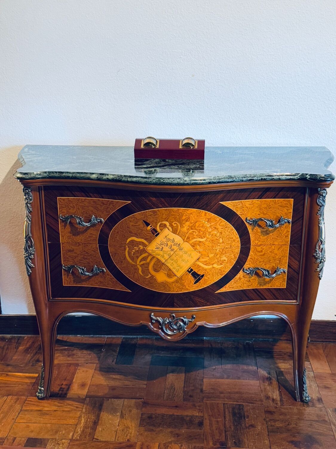 Exquisite Louis XV Style Bombé Commode with Musical Marquetry & Marble