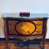 Exquisite Louis XV Style Bombé Commode with Musical Marquetry & Marble