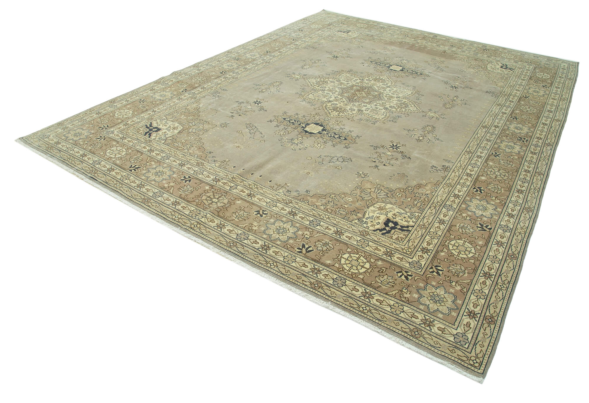 Handwoven persian vintage 274 cm x 368 cm beige wool carpet