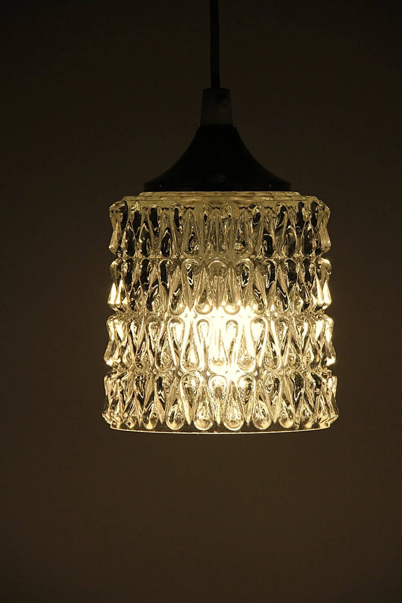 Pressed Crystal Glass Pendant Lamp with Tear Drop Pattern, Sweden, 1960s