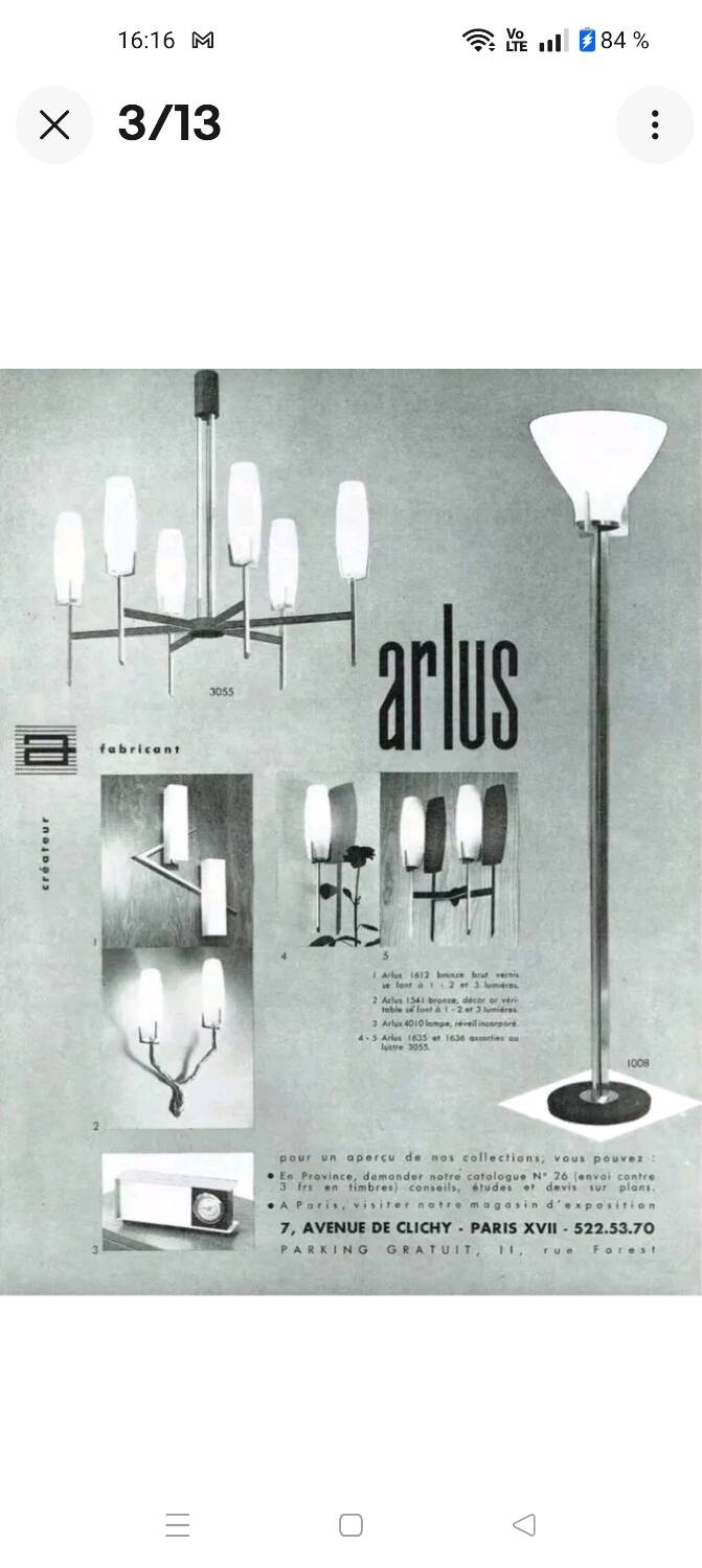 Arlus pair of wall sconces in gilt bronze and opaline glass, 1950