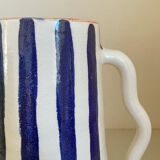 Klein blue and white striped ceramic vase with abstract handmade wavy handles