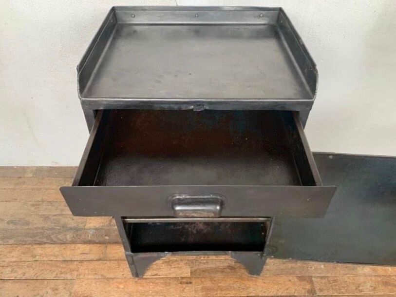 Old Industrial workshop furniture with 1 door 1 drawer in patinated iron
