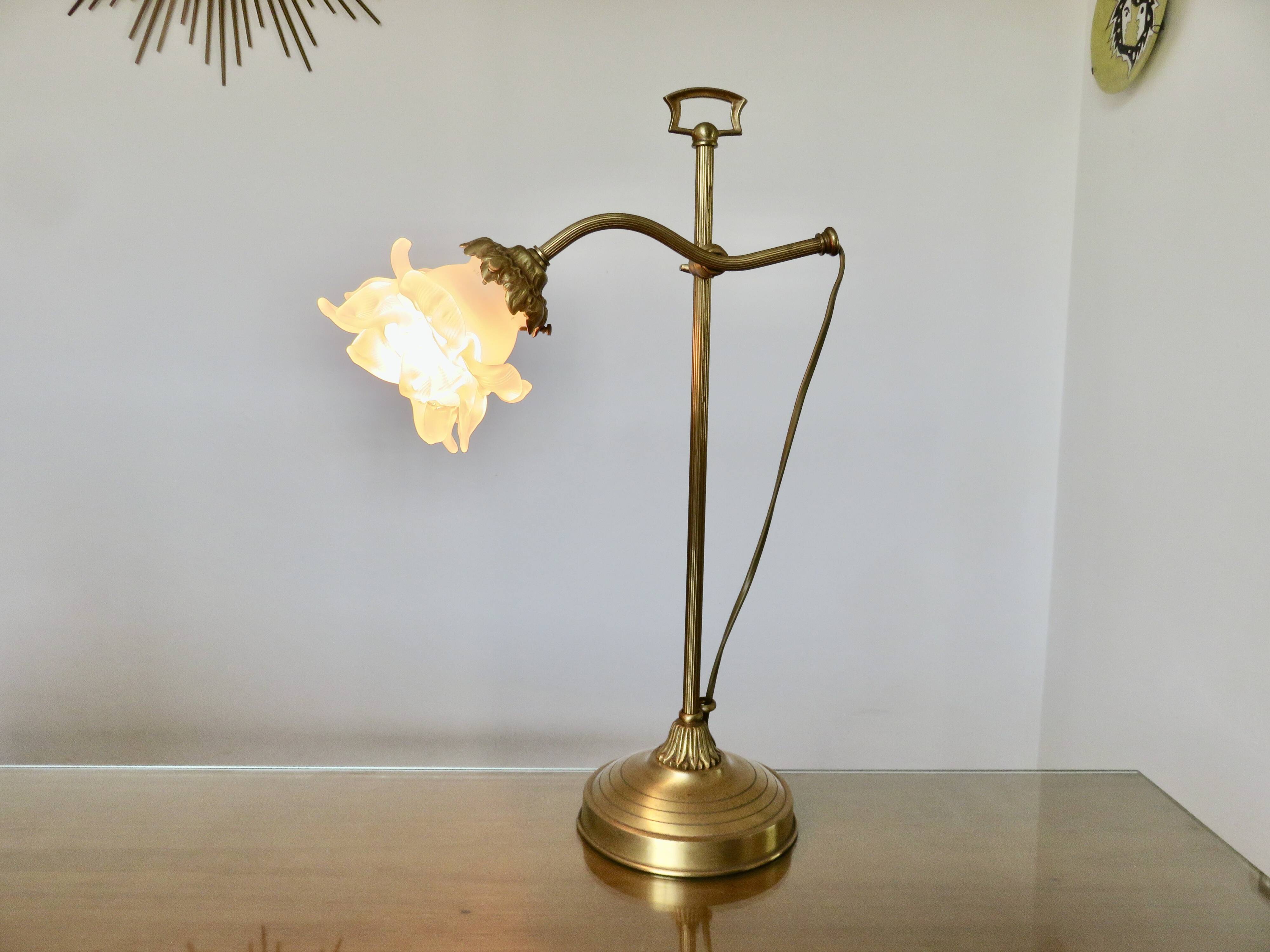 Large art nouveau brass lamp with frosted glass tulip in the shape of a rose