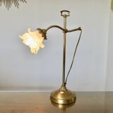 Large art nouveau brass lamp with frosted glass tulip in the shape of a rose