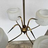 Mid-Century Atomic Brass and Glass Chandelier- four-armed ceiling Lamp- 50s