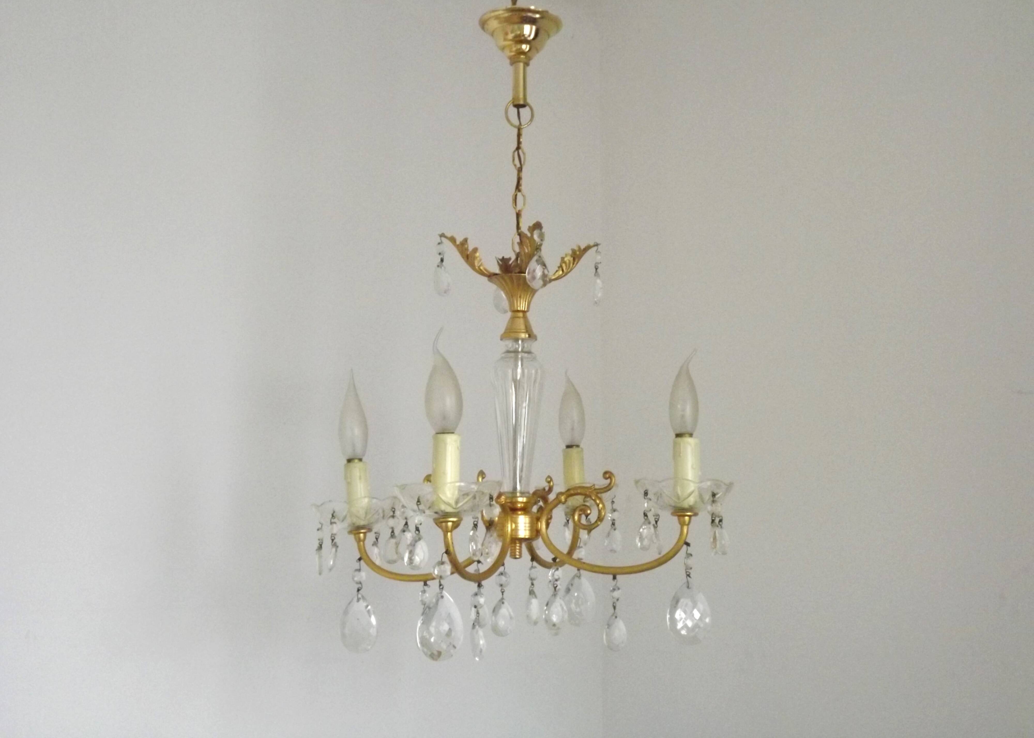 Mid-century brass, glass, and crystal chandelier with 4 lights 5099