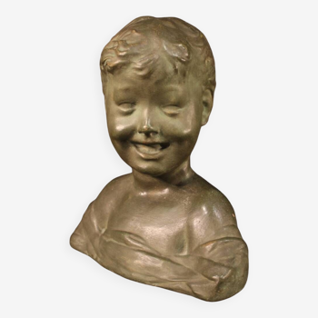 Sculpture en terre cuite peinte en bronze buste d'enfant