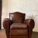 French leather club chair, chapeau de gendarme model, circa 1940