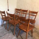 Set of 6 vintage solid wood chairs with compass legs 1960's