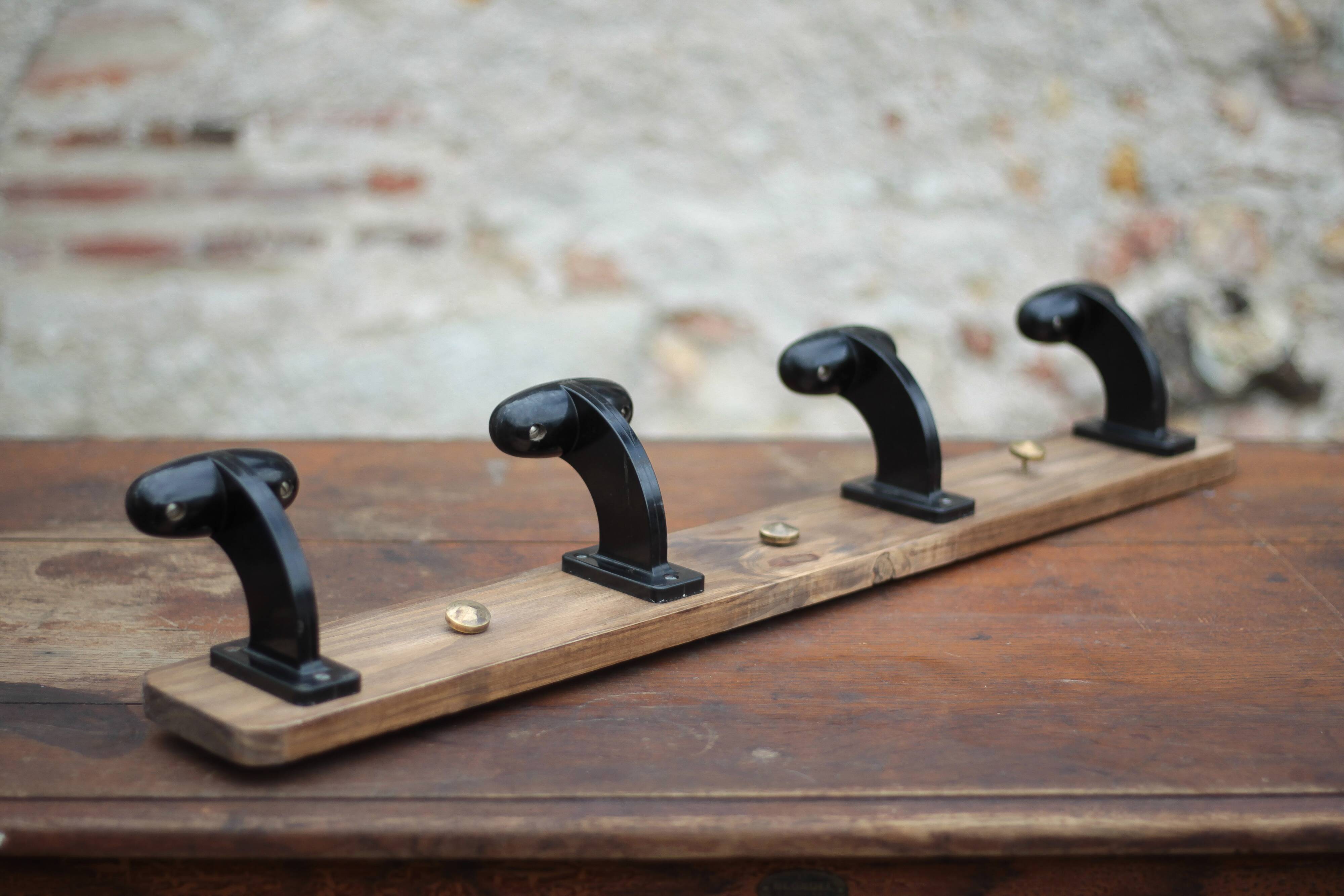 Wooden wall coat rack, vintage wall coat rack, bakelite hooks, ha