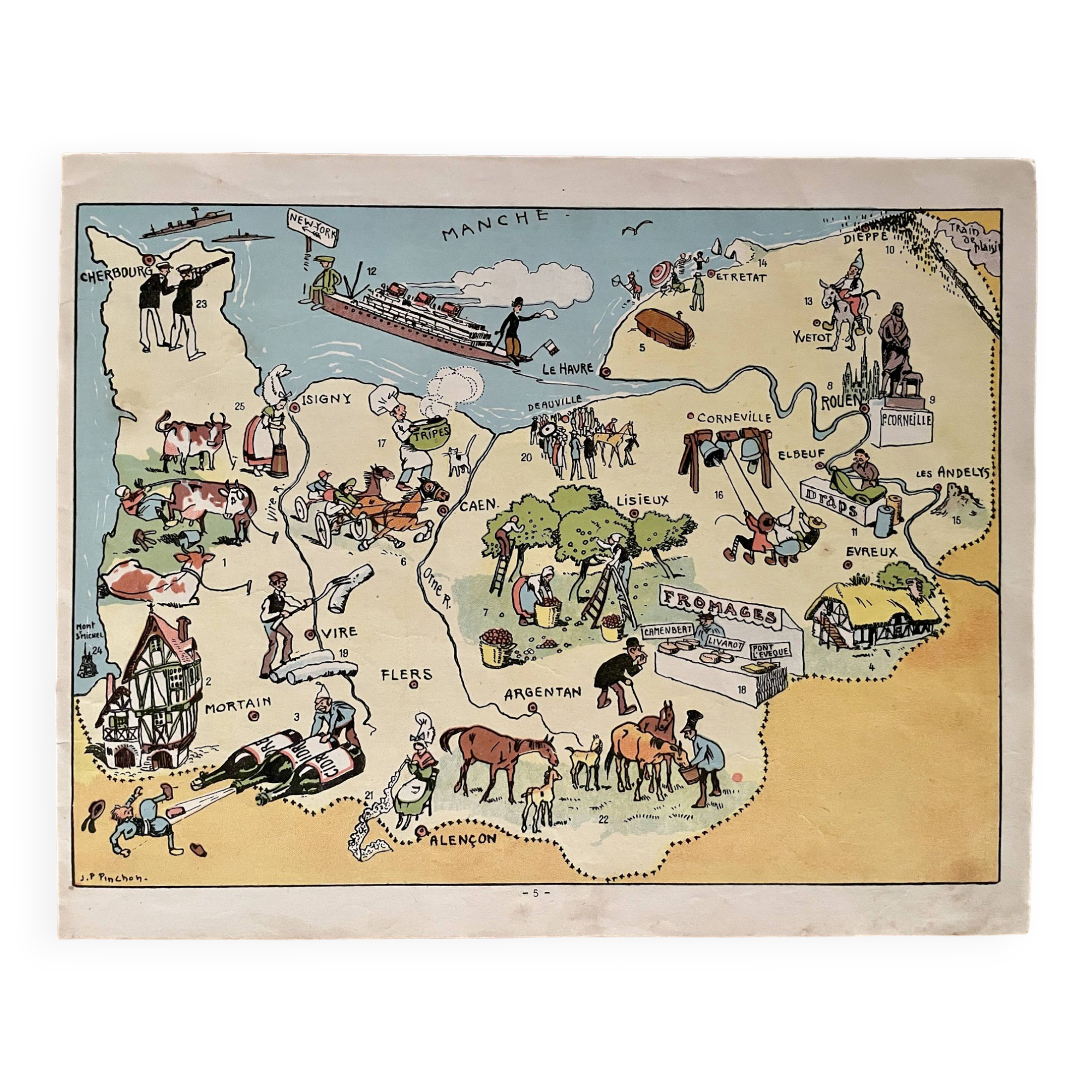Affiche ancienne carte illustrée de la Normandie 1927 - JP Pinchon