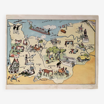 Affiche ancienne carte illustrée de la Normandie 1927 - JP Pinchon