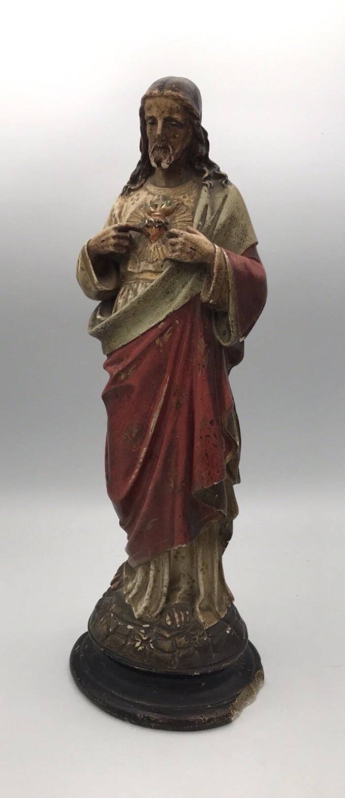 SACRED HEART of Jesus, polychrome plaster religious statue signed 19th century.