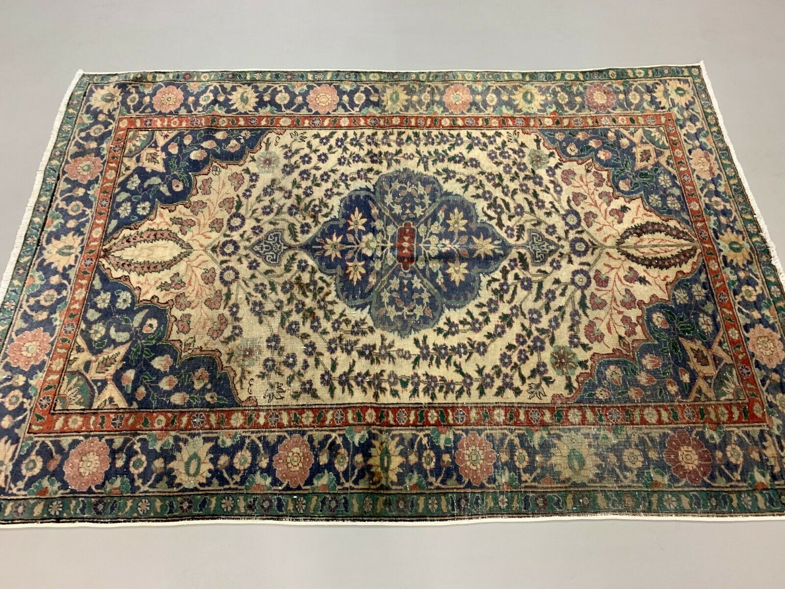 Distressed Turkish Rug 179x120 cm wool Vintage shabby Chic Tribal Blue, Beige