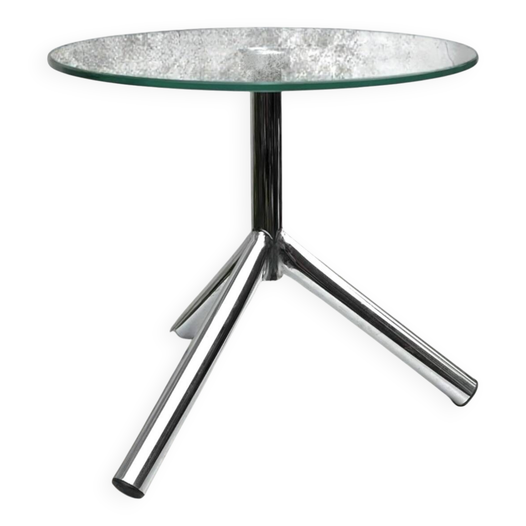 Modernist tripod side table in tempered glass and chrome metal.
