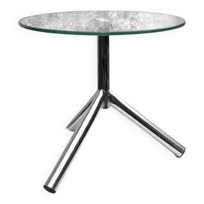 Table d’appoint tripode moderniste en verre trempé et métal chromé