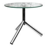 Modernist tripod side table in tempered glass and chrome metal.