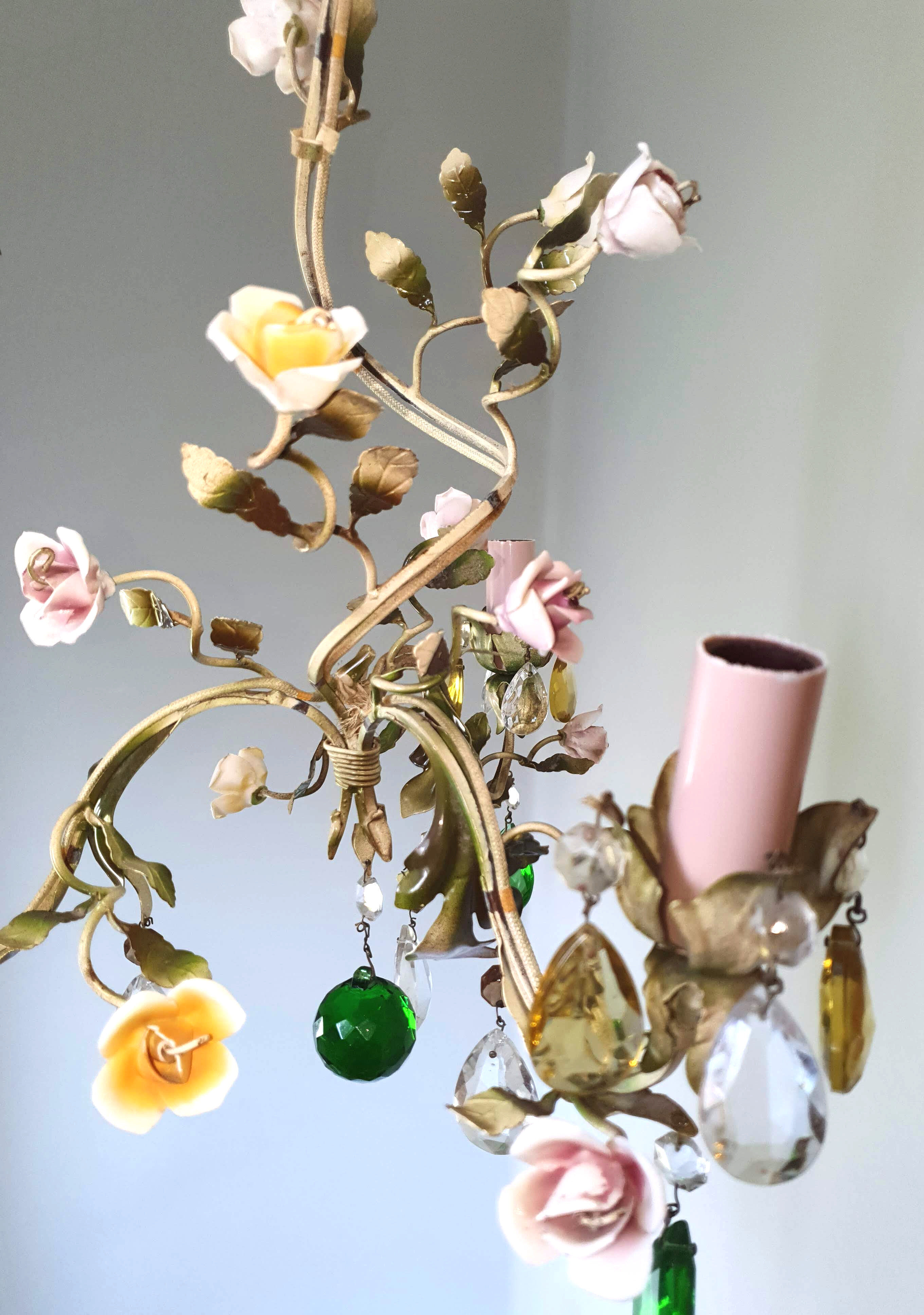 Painted metal chandelier and porcelain flowers
