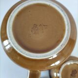 Coffee pot and sugar bowl in glazed stoneware, deep brown glazes.