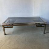 Guy Lefèvre Coffee Table for Maison Jansen, Brushed Steel and Brass