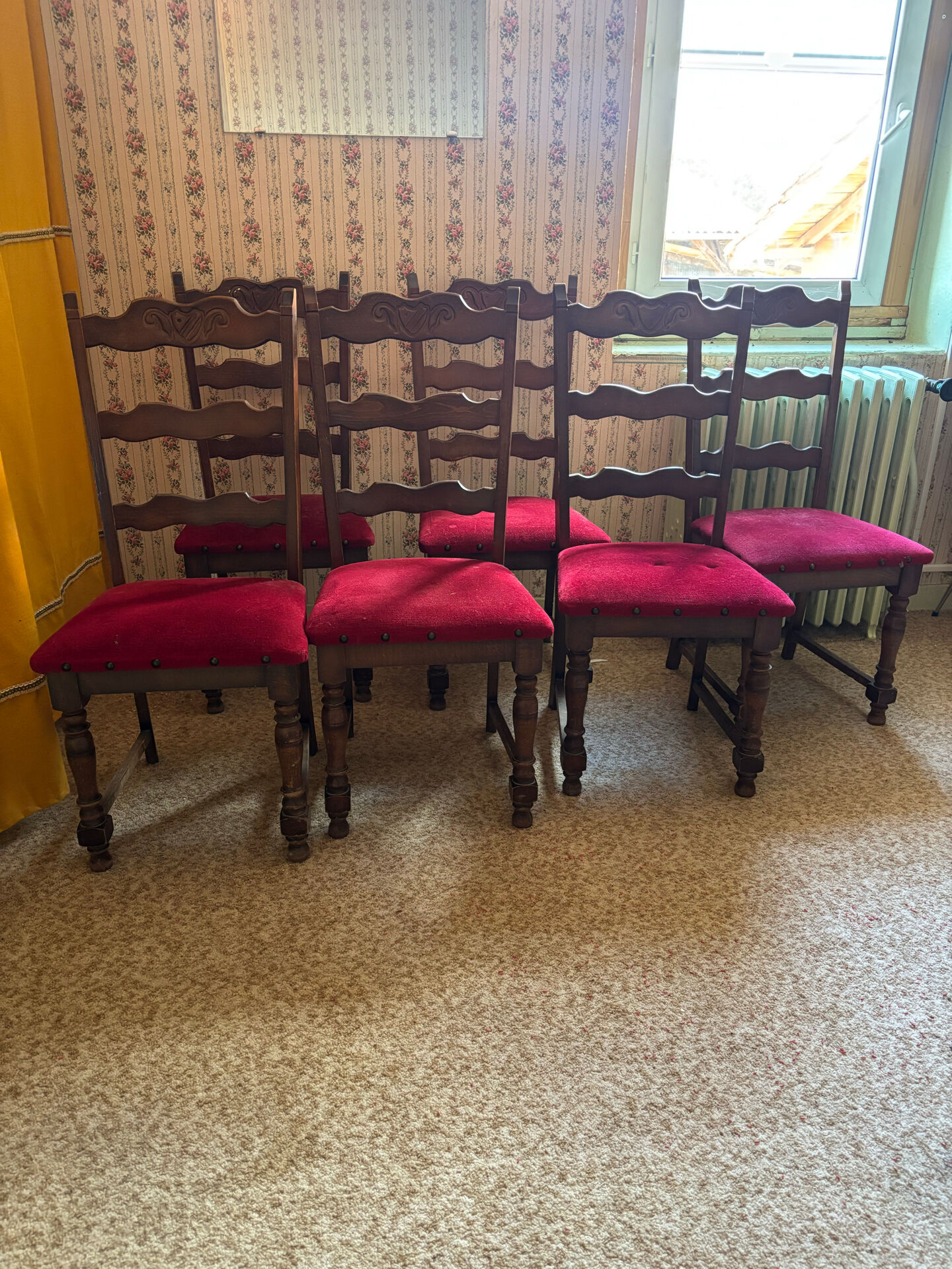 6 antique wooden and fabric chairs