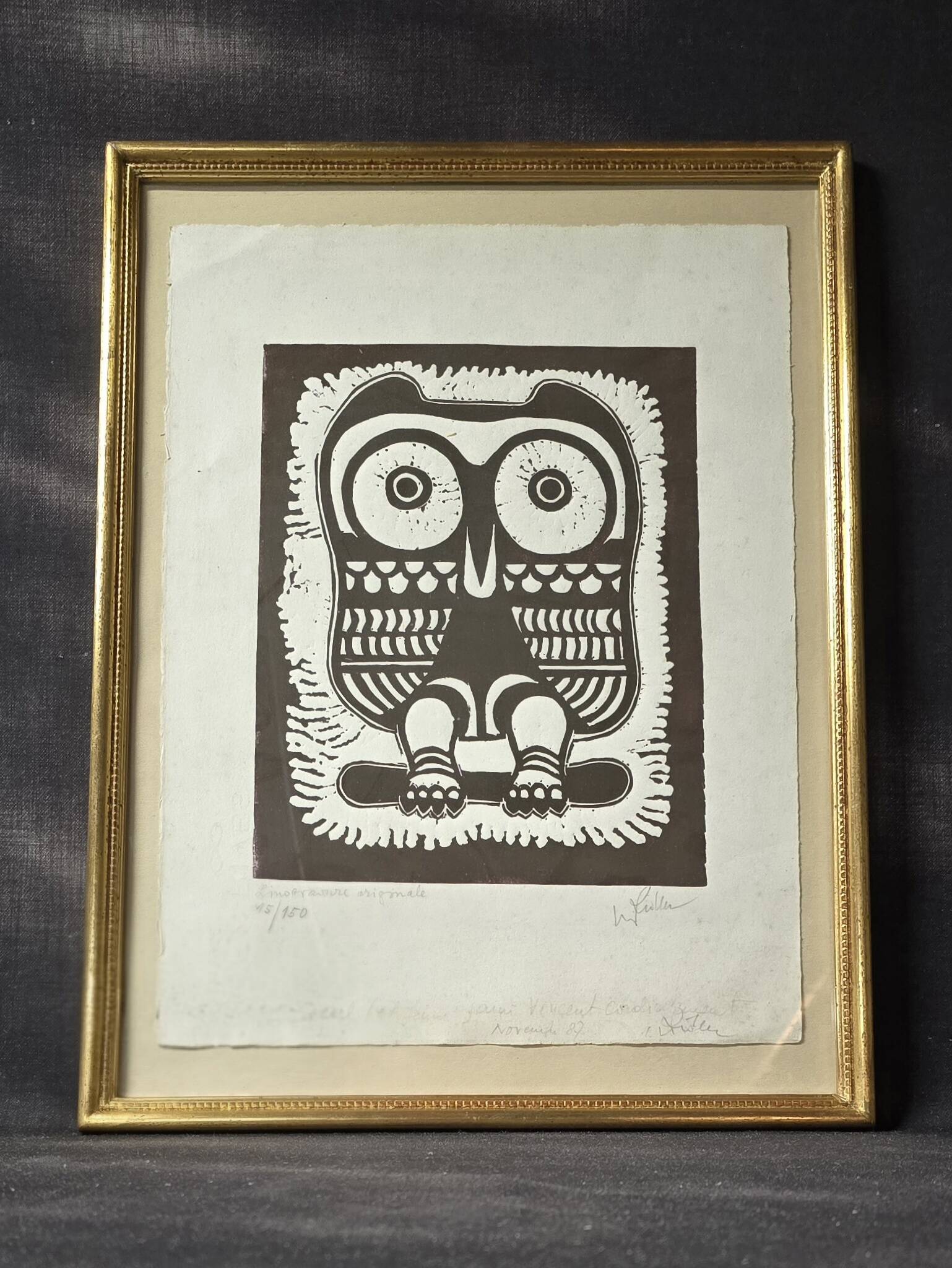 Eugène Fidler (1910-1990) Linocut "The Owl" 1987