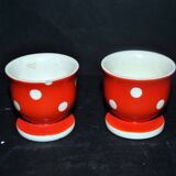 Set of 2 vintage egg cups in red earthenware with white polka dots 5cm