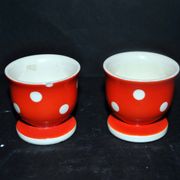 Set of 2 vintage egg cups in red earthenware with white polka dots 5cm