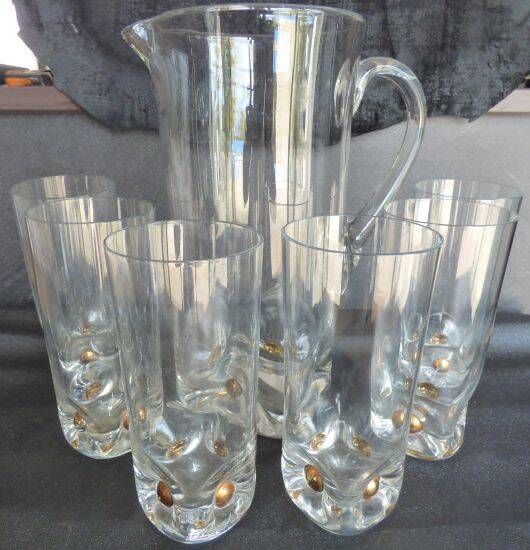 Vintage orangeade service with a jug and 6 glasses decorated with golden beads.