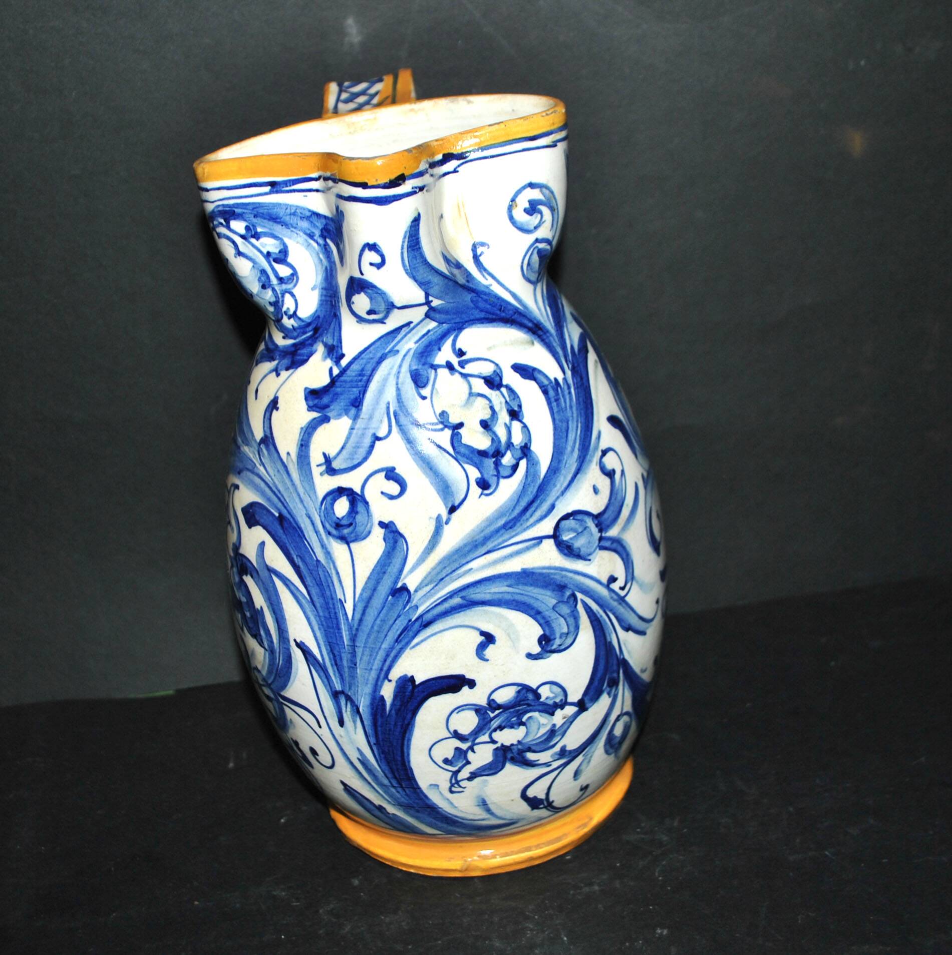 Large Italian ceramic pitcher barbotine majolica blue and yellow decoration