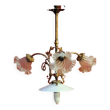 Ancien Lustre Bronze / laiton 3 tulipes en verre opaque , transparent , vintage