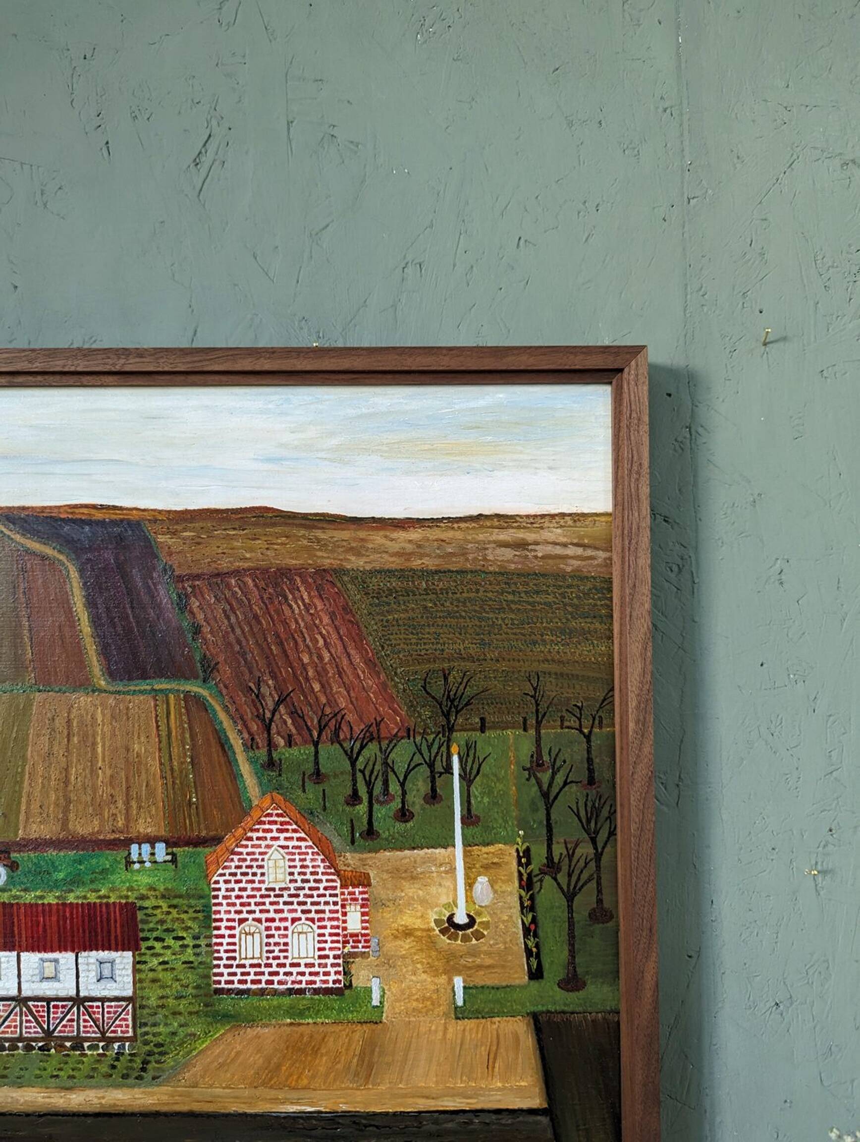 Mid-Century Modern "The Working Farm" Vintage Naïve Style Landscape Oil Painting, Framed