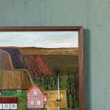 Mid-Century Modern "The Working Farm" Vintage Naïve Style Landscape Oil Painting, Framed