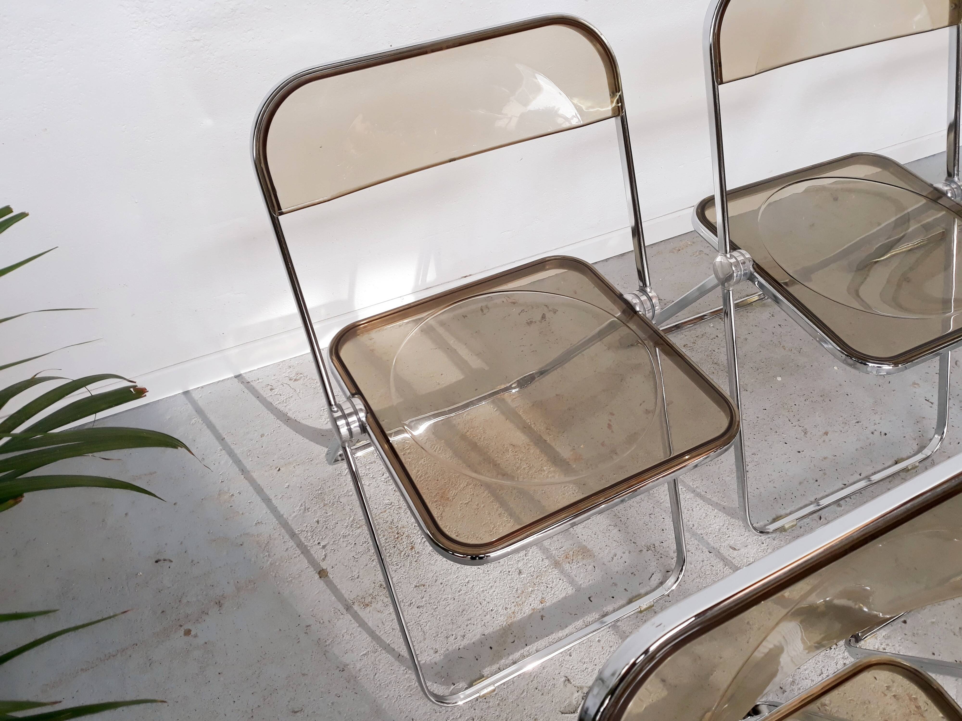 6 vintage Chairs Giancarlo Piretti "plia" 1970 chrome and Plexiglas