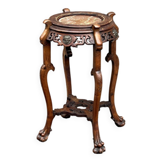 19th century pedestal table in solid wood, marble and bronze