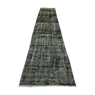 Distressed Turkish Narrow Runner 295x65 cm wool Vintage rug, Overdyed Black