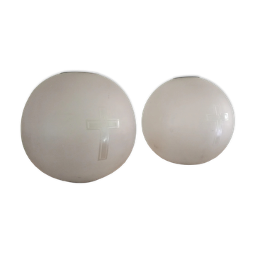 Paire - Abat-jour globe verre dépoli - croix Sacré-Cœur - pour lampe