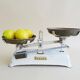Antique kitchen scales from a record to five kilos, white beam scales with brass plates