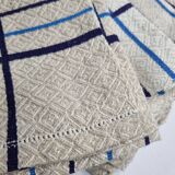 Vintage table set, damask tablecloth and 8 embroidered napkins with blue and white patterns