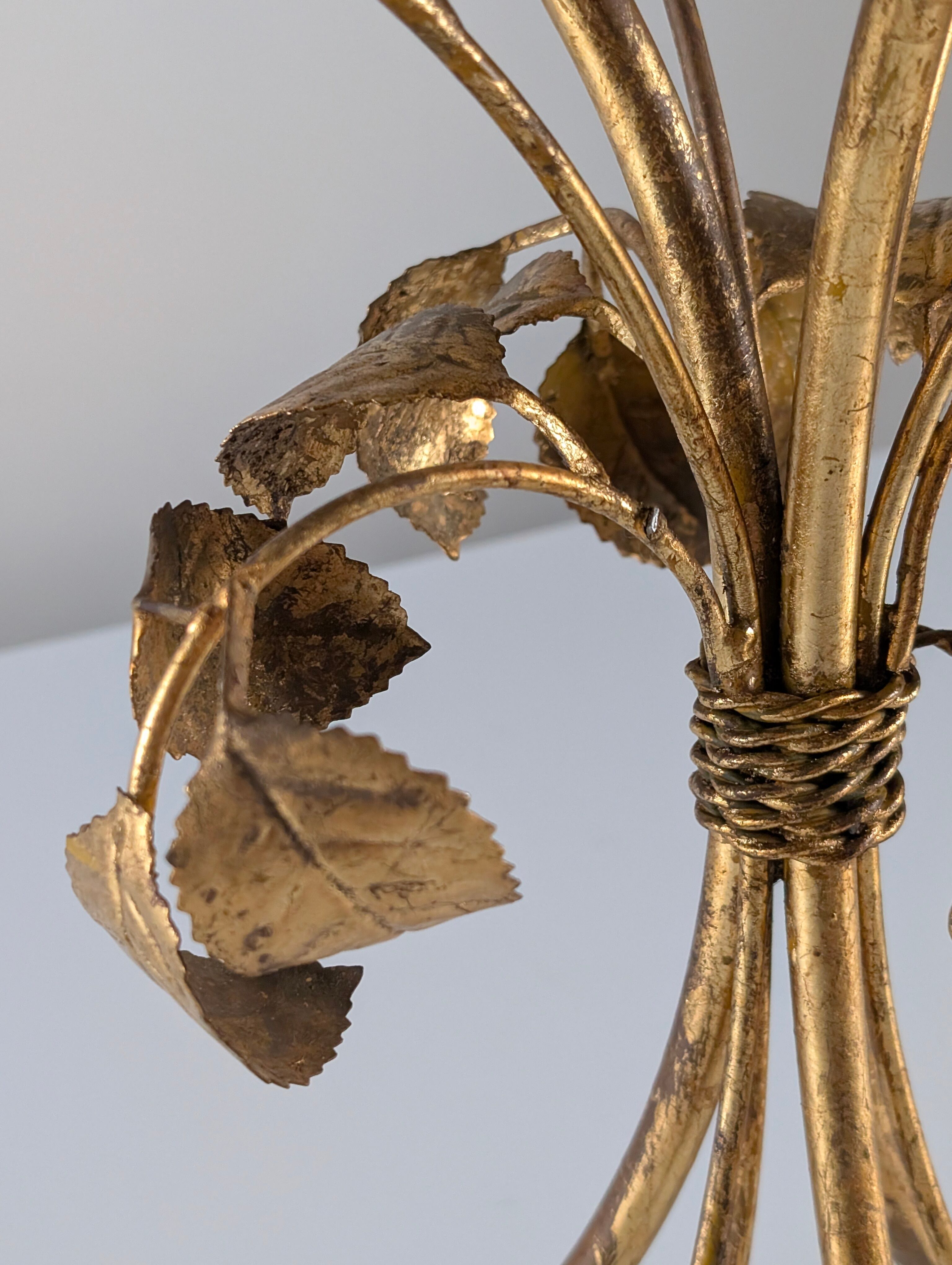 Mid-century side table in gilded metal with roses and glass top, 1970s
