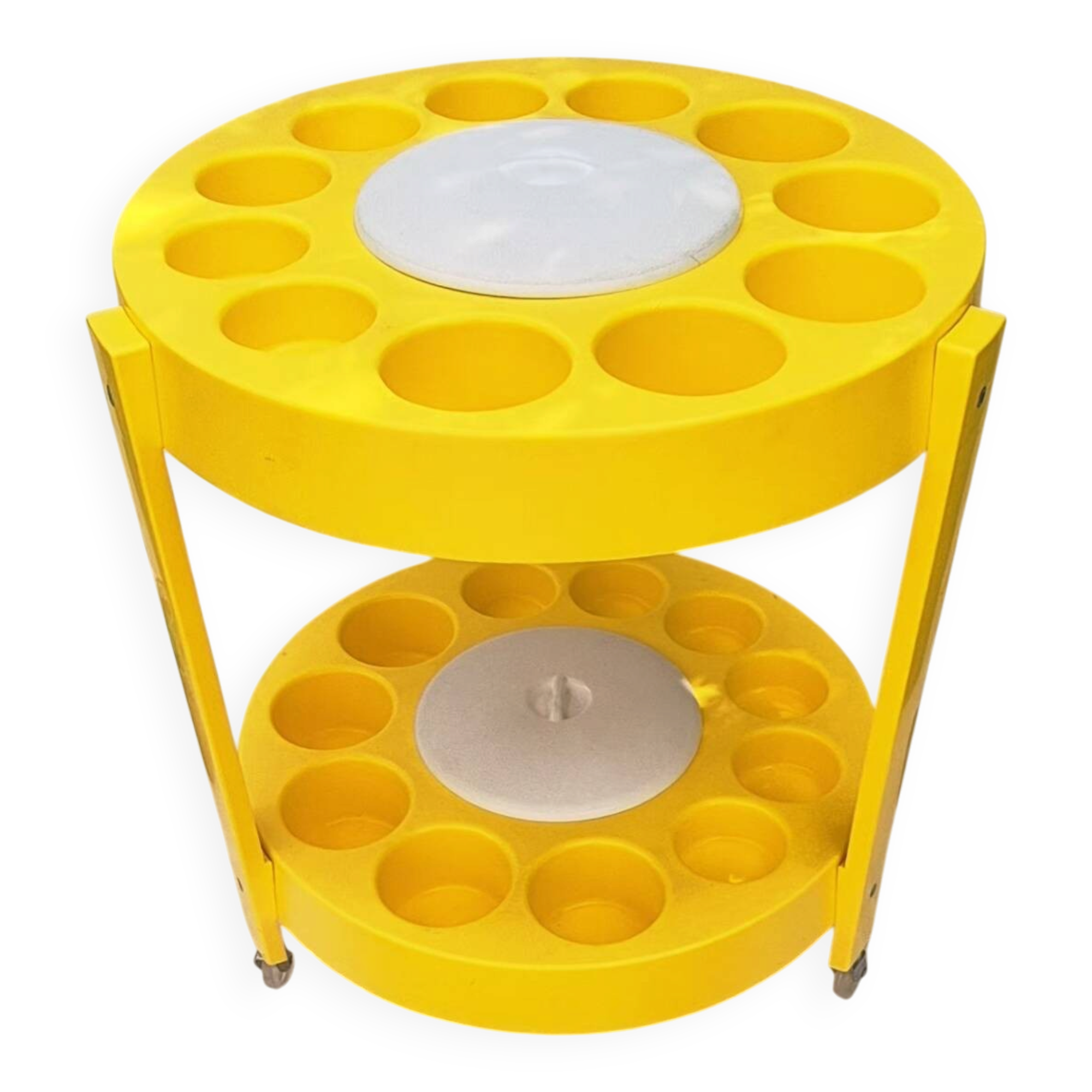Serving trolley for drinks in yellow plastic, space age 1970.