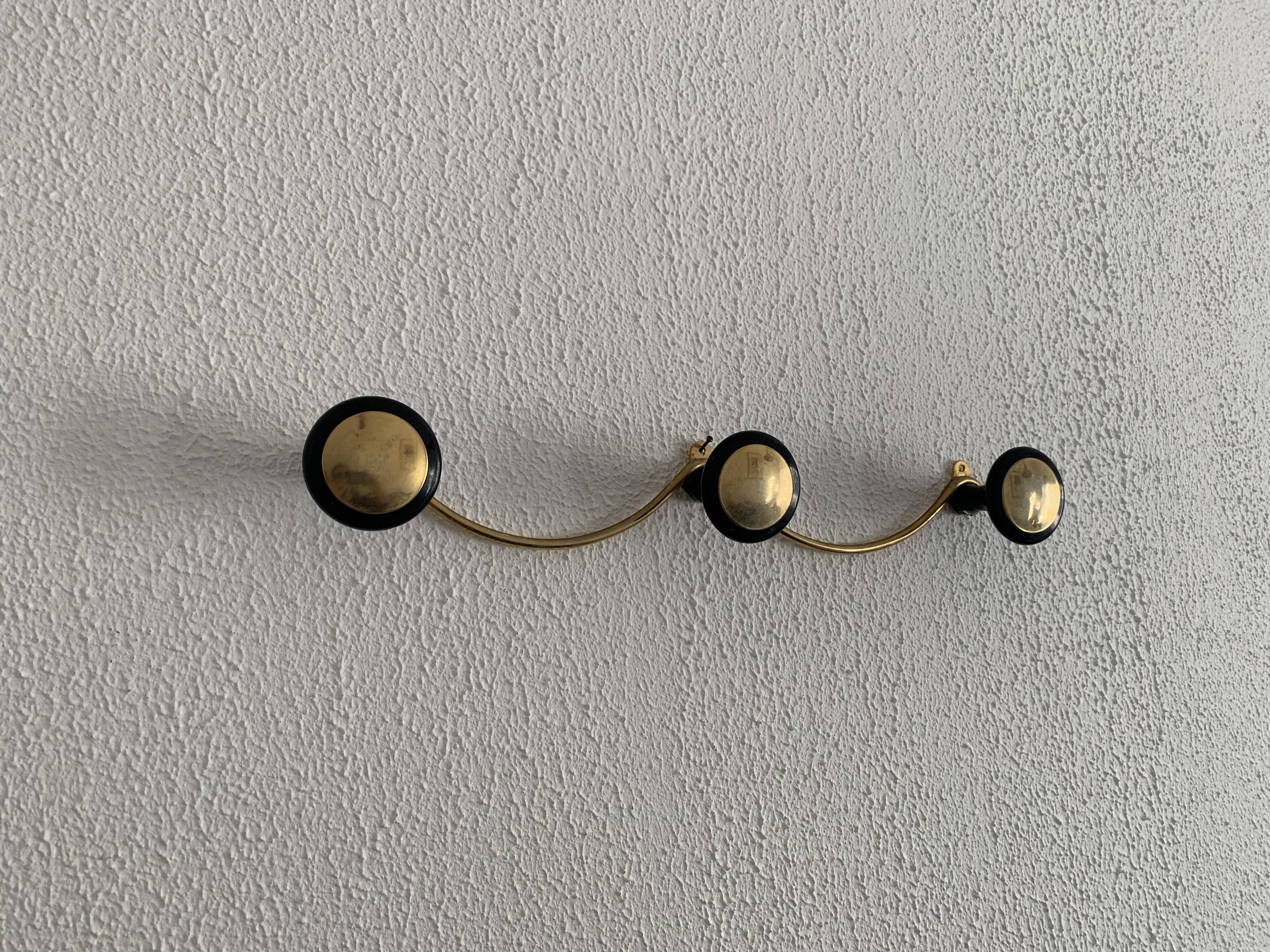Portemanteau vintage 1960 mural doré noir 3 patères - 45 x 7 cm