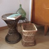 Vintage round wicker and canning side table