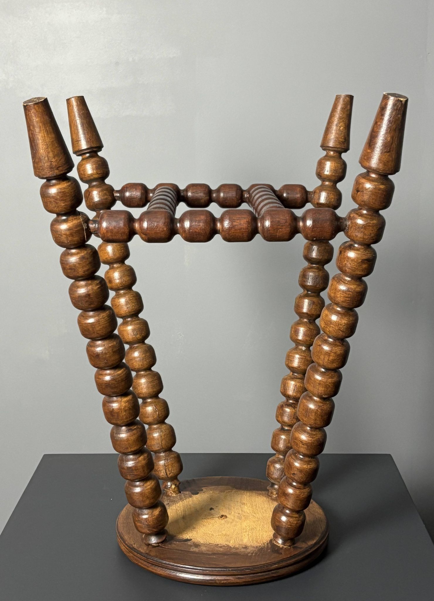 Midcentury brutalist wood turned stool in the style of Charles Dudouyt, 50s