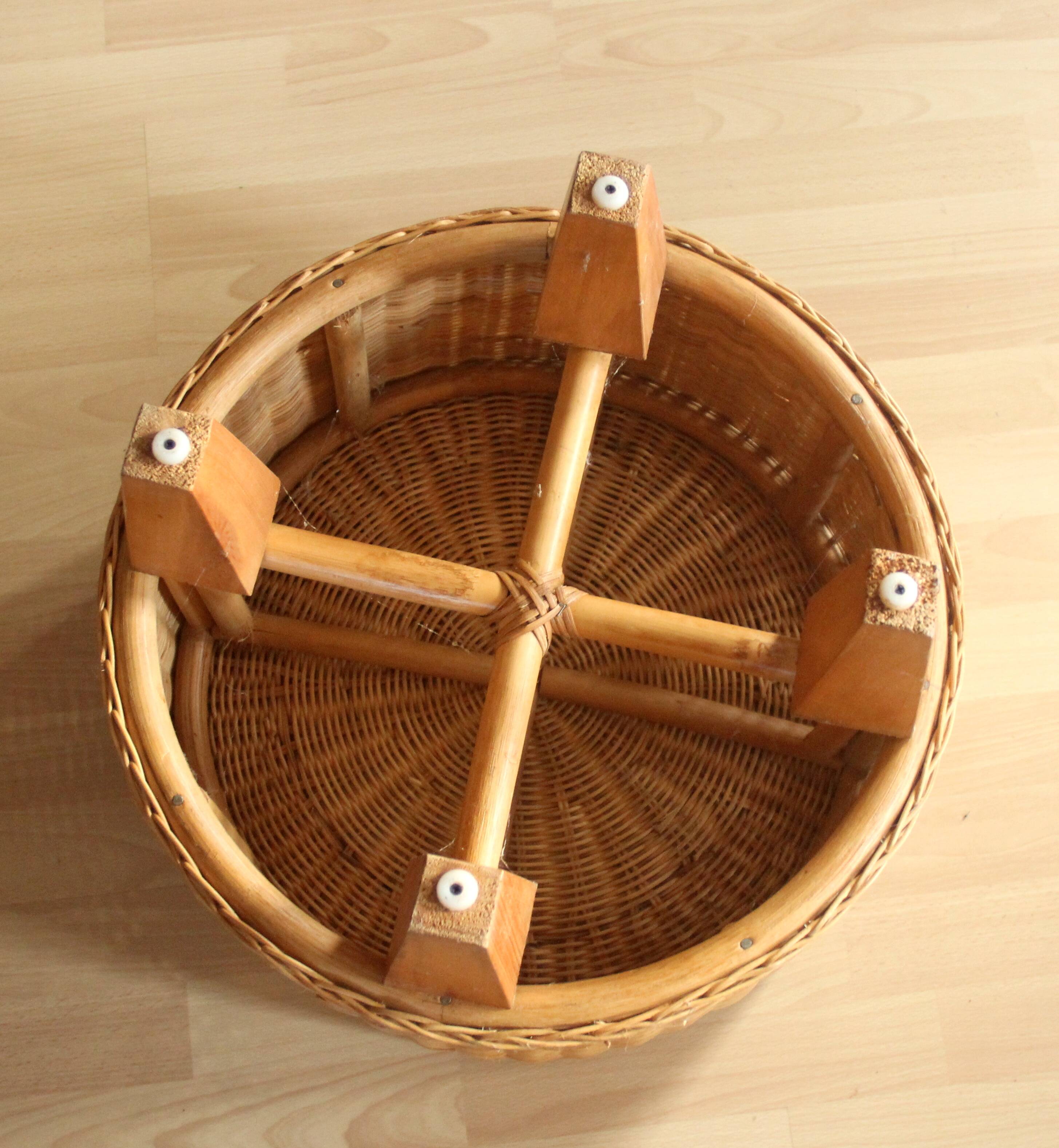 Table d'appoint ronde en rotin, bambou et bois - Vintage