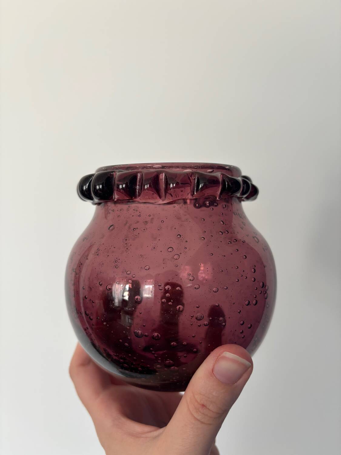 small purple ball vase in vintage bubbled glass signed biot