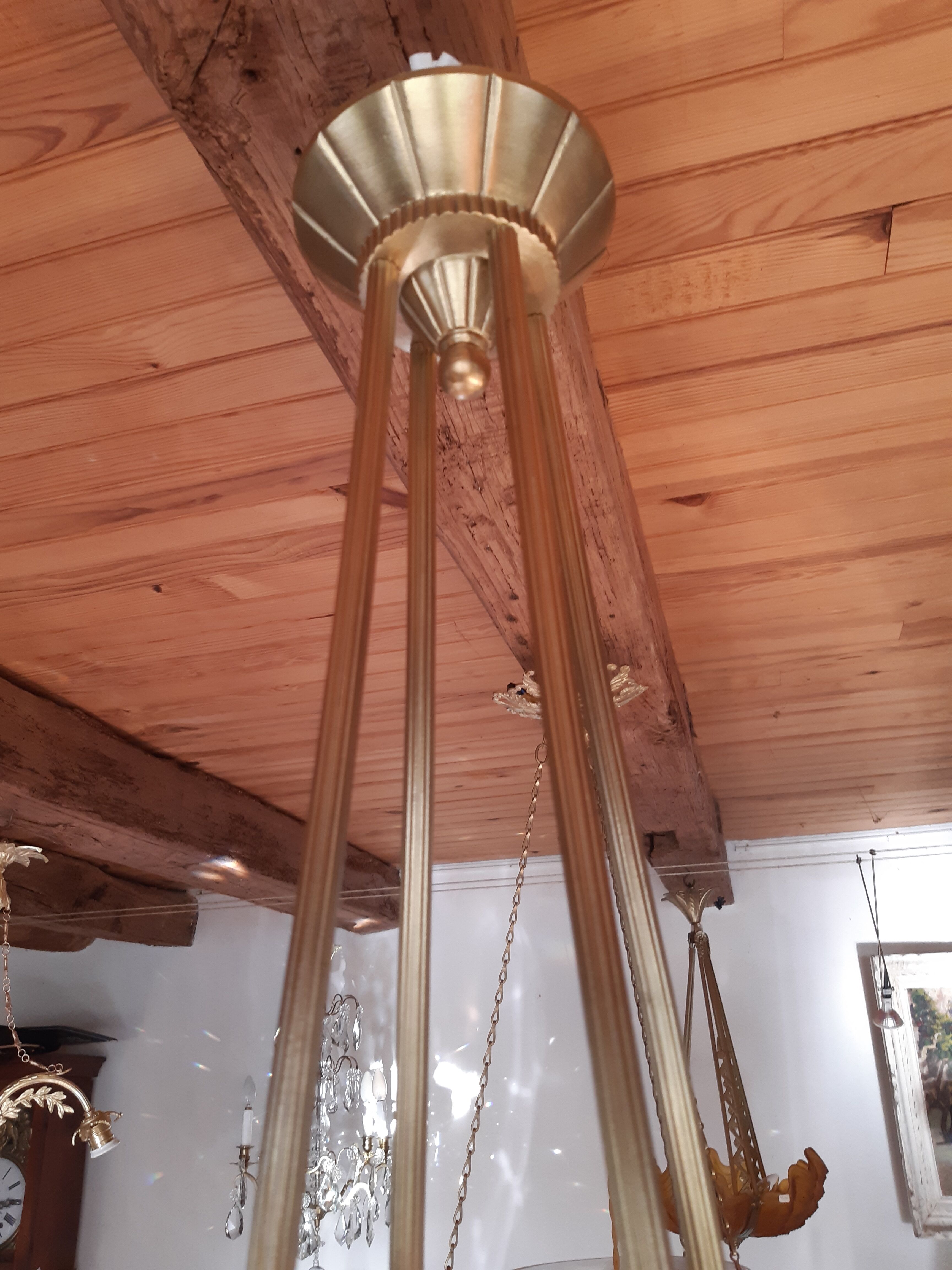 Art Deco chandelier 1930 Bronze Pressed Molded Glass